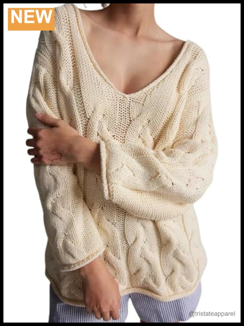 Women's Oversized Cable Knit Sweater V Neck Chunky Pullover Top